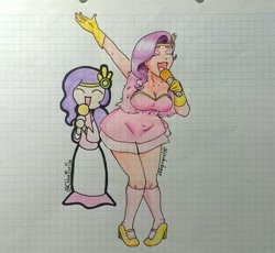 Size: 1942x1788 | Tagged: safe, artist:chloe the turtle, artist:jackudoggy, pipp petals, human, g5, belly button, breasts, busty pipp petals, cartoon, clothes, collaboration, dress, graph paper, humanized, light skin, microphone, plump, singing, traditional art, wide hips