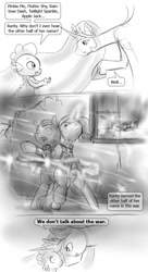 Size: 600x1100 | Tagged: safe, artist:alloyrabbit, princess celestia, rarity, spike, alicorn, dragon, pony, g4, assault rifle, bullet, explosion, grayscale, gun, gunfire, menacing, monochrome, overwatch, pinpoint eyes, questioning, raised hoof, rifle, scared, talking, tank (vehicle), tracer, war, weapon