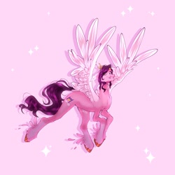 Size: 2048x2048 | Tagged: safe, artist:adel_sz_, pipp petals, pegasus, pony, g5, adorapipp, cute, eye clipping through hair, eyebrows, eyebrows visible through hair, female, grin, heart, heart eyes, high res, looking at you, mare, pink background, simple background, smiling, smiling at you, solo, sparkles, spread wings, wingding eyes, wings