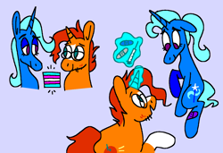 Size: 1316x900 | Tagged: safe, artist:msponies, sunburst, trixie, pony, unicorn, g4, bandaid, coat markings, duo, duo male and female, estrogen, female, friendshipping, glasses, glowing, glowing horn, horn, levitation, lidded eyes, looking at each other, looking at someone, looking down, magic, magic aura, male, mare, ms paint, ponytail, pride, pride flag, raised hoof, ship:trixburst, shipping, simple background, smiling, socks (coat markings), stallion, straight, stubble, syringe, t4t, tail, telekinesis, trans female, trans male, trans trixie, transgender, transgender pride flag