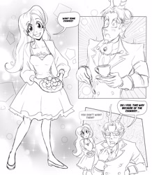 Size: 3048x3500 | Tagged: safe, artist:misskali, discord, fluttershy, human, g4, 2023, armband, breasts, clothes, comic, cookie, cup, cute, dress, duo, elf ears, female, food, grayscale, heart, high res, horn, horned humanization, humanized, male, monochrome, ship:discoshy, shipping, sketch, smiling, straight, suit, teacup