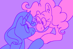 Size: 1316x900 | Tagged: safe, artist:msponies, pinkie pie, rarity, earth pony, pony, unicorn, g4, duo, duo female, female, holding hooves, lesbian, limited palette, looking at each other, looking at someone, mare, ms paint, purple background, requested art, ship:raripie, shipping, simple background, smiling