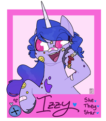 Size: 909x1038 | Tagged: safe, artist:orionofthestars, izzy moonbow, pony, unicorn, g5, bandaid, bracelet, cute, female, horn, izzybetes, jewelry, mare, open mouth, signature, solo