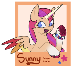 Size: 1038x966 | Tagged: safe, artist:orionofthestars, sunny starscout, alicorn, pony, g5, bracelet, cute, female, horn, jewelry, looking at you, mare, open mouth, race swap, signature, solo, stars, sunnybetes, sunnycorn, wings