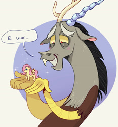 Size: 3296x3532 | Tagged: safe, artist:misskali, discord, fluttershy, draconequus, pegasus, pony, g4, el wiwi, figurine, floppy ears, high res, smiling, solo, speech bubble