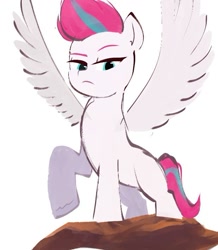 Size: 619x711 | Tagged: safe, artist:mar0x8, zipp storm, pegasus, pony, g5, my little pony: a new generation, eyebrows, female, frown, looking at you, mare, raised hoof, rock, scene interpretation, simple background, solo, spread wings, white background, wings, wip