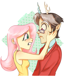 Size: 1280x1509 | Tagged: safe, artist:misskali, discord, fluttershy, human, discordant harmony, g4, my little pony: friendship is magic, clothes, duo, elf ears, female, glasses, hand on face, horn, horned humanization, humanized, male, scene interpretation, ship:discoshy, shipping, straight, sweater