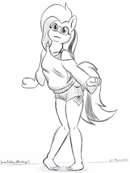 Size: 1536x2048 | Tagged: safe, artist:rockhoppr3, oc, oc only, oc:ace hearts, earth pony, anthro, plantigrade anthro, blaze (coat marking), cheek fluff, clothes, coat markings, facial markings, female, monochrome, off shoulder, off shoulder sweater, rule 63, shoulder fluff, simple background, solo, sweater, white background