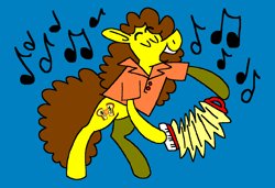 Size: 1316x900 | Tagged: safe, artist:msponies, cheese sandwich, earth pony, pony, g4, accordion, bipedal, blue background, clothes, cute, diacheeses, eyes closed, male, ms paint, music, music notes, musical instrument, open mouth, open smile, playing instrument, requested art, shirt, simple background, smiling, solo, stallion, weird al yankovic