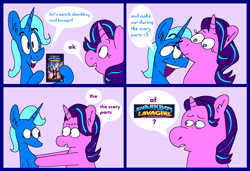 Size: 1316x900 | Tagged: safe, artist:msponies, starlight glimmer, trixie, pony, unicorn, g4, 4 panel comic, comic, confused, dialogue, eyebrows, female, flirting, hoof hold, lesbian, lidded eyes, mare, movie, ms paint, open mouth, open smile, raised eyebrow, ship:startrix, shipping, smiling, speech bubble, the adventures of sharkboy and lavagirl in 3-d