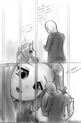 Size: 735x1117 | Tagged: safe, artist:alloyrabbit, fluttershy, rarity, oc, oc:anon, human, pony, unicorn, g4, 2 panel comic, apple, cage, comic, food, grayscale, human oc, jail, macro, macro/micro, micro, monochrome, open mouth, talking, tiny, tiny ponies, window