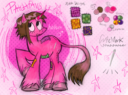 Size: 4700x3500 | Tagged: safe, artist:syxsnotebook, oc, oc only, oc:patchfang, pony, unicorn, :3, brown mane, chest fluff, colored, fangs, feminine stallion, fluffy, horn, leg fluff, looking up, male, pink background, raised hoof, reference sheet, simple background, smiling, solo, stallion, stallion oc, unicorn oc