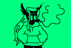 Size: 1316x900 | Tagged: safe, artist:msponies, queen chrysalis, changeling, changeling queen, anthro, g4, cigarette, clothes, female, green background, hand in pocket, hoodie, horn, lidded eyes, monochrome, ms paint, simple background, smoke, smoking, solo