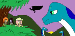 Size: 1292x619 | Tagged: safe, artist:syfyman2xxx, fluttershy, scribble dee, velvet sky, brachiosaurus, dinosaur, human, pterosaur, sauropod, equestria girls, g4, adorable distress, cute, hat, jurassic park, laughing, mountain, pith helmet, scribblebetes, shocked, shocked expression, shyabetes, sunset, thousand yard stare, traumatized, tree, wet hair