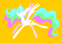 Size: 1316x900 | Tagged: safe, artist:msponies, princess celestia, alicorn, pony, g4, eyes closed, female, happy, mare, ms paint, requested art, simple background, smiling, solo, spread wings, tail, wings, yellow background