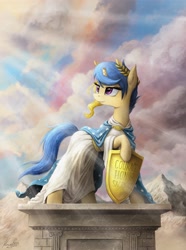 Size: 2400x3224 | Tagged: safe, artist:magfen, oc, oc only, pony, unicorn, broken horn, clothes, cloud, crepuscular rays, female, high res, horn, laurel wreath, mare, mountain, pose, raised hoof, robe, shield, sky, solo, statue