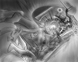 Size: 997x796 | Tagged: safe, artist:alloyrabbit, nightmare moon, princess celestia, alicorn, pony, g4, armor, awesome, beam struggle, blast, canterlot castle, cool, destruction, eclipse, explosion, giant pony, glowing, glowing horn, grayscale, hoof shoes, horn, lunar eclipse, macro, macro/micro, magic, magic beam, magic blast, micro, monochrome, spread wings, wings