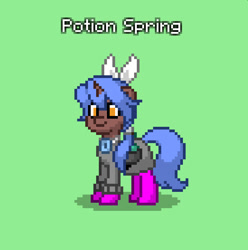 Size: 823x830 | Tagged: safe, oc, oc only, oc:potion spring, pony, unicorn, pony town, bag, clothes, green background, horn, jewelry, necklace, ponytail, potion, saddle bag, simple background, socks, solo, sweater, unicorn oc