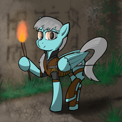 Size: 4096x4096 | Tagged: safe, artist:sprontr, oc, oc:silver lining, pegasus, pony, armor, fantasy class, female, fire, mare, plants, rogue, ruins, solo, sword, torch, weapon