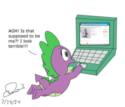 Size: 1024x877 | Tagged: safe, artist:stella-exquisa, spike, dragon, g4, computer, disappointed, laptop computer, simple background, solo, text, white background