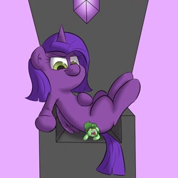 Size: 894x894 | Tagged: artist needed, safe, oc, oc only, oc:princess sharp, alicorn, pony, unicorn, alicorn oc, butt crush, butt squish, crying, duo, evil, female, folded wings, gem, green coat, horn, looking down, mare, purple background, purple coat, simple background, sitting, sitting on person, sitting on pony, smug smile, throne, unicorn oc, wings, yellow eyes