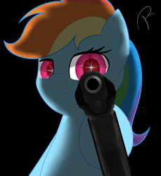 Size: 1080x1180 | Tagged: safe, artist:reinbou, rainbow dash, pegasus, pony, g4, black background, gun, handgun, looking at you, pistol, simple background, solo, stars, weapon