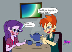 Size: 1024x743 | Tagged: safe, artist:stella-exquisa, starlight glimmer, sunburst, human, equestria girls, g4, cup, date, deviantart watermark, dialogue, duo, equestria girls-ified, female, indoors, male, obtrusive watermark, ship:starburst, shipping, sitting, straight, table, teacup, teapot, watermark, window