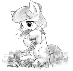 Size: 846x819 | Tagged: safe, artist:alloyrabbit, coco pommel, earth pony, pony, g4, building, city, clothes, crush fetish, destruction, eating, female, fetish, giant pony, looking down, macro, macro/micro, mare, micro, nom, object vore, simple background, sitting, solo, vore, white background