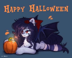 Size: 2500x2000 | Tagged: safe, artist:shelti, oc, oc only, bat pony, pony, bat wings, blue background, chest fluff, clothes, colored pupils, ear piercing, earring, female, flower, flower in hair, gift art, halloween, high res, holiday, jewelry, lying down, mare, piercing, prone, pumpkin, rose, simple background, slit pupils, socks, solo, spread wings, striped socks, text, wings