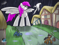 Size: 800x620 | Tagged: safe, artist:gamefreakdx, oc, oc only, oc:pink thunder, pony, unicorn, assault, black mane, black tail, emanata, giant pegasus, giant pony, glowing, glowing horn, horn, house, injured, levitation, lightning, looking at someone, looking down, macro, macro/micro, magic, micro, pinpoint eyes, poacher, ponyville, purse, red eyes, robbery, scared, spread wings, tail, telekinesis, terrified, thief, thunderstorm, town, trio, unicorn oc, wings