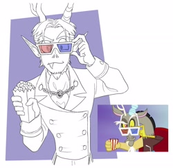 Size: 2048x1989 | Tagged: safe, artist:misskali, edit, edited screencap, screencap, discord, draconequus, human, g4, princess twilight sparkle (episode), 3d glasses, clothes, elf ears, food, horn, horned humanization, humanized, male, partial color, popcorn, scene interpretation, screencap reference, solo, suit