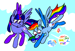 Size: 1316x900 | Tagged: safe, artist:msponies, rainbow dash, twilight sparkle, alicorn, pegasus, pony, g4, testing testing 1-2-3, cloud, cutie mark, duo, duo female, februpony, female, flying, horn, mare, ms paint, sky, smiling, speech bubble, tail, twilight sparkle (alicorn), wings