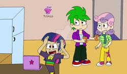 Size: 1024x599 | Tagged: safe, artist:stella-exquisa, spike, sweetie belle, twilight sparkle, human, g4, alternate design, computer, converse, deviantart watermark, female, humanized, indoors, kitchen, laptop computer, male, obtrusive watermark, refrigerator, screaming, ship:spikebelle, shipping, shoes, soda can, straight, trio, watermark