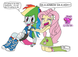 Size: 1024x750 | Tagged: safe, artist:stella-exquisa, fluttershy, rainbow dash, human, equestria girls, g4, bandage, bandaid, boots, crying, deviantart watermark, dialogue, duo, female, injured, kneeling, lesbian, obtrusive watermark, screaming, ship:flutterdash, shipping, shoes, simple background, sitting, transparent background, watermark