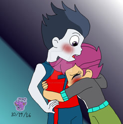 Size: 1024x1038 | Tagged: safe, artist:stella-exquisa, rumble, scootaloo, human, equestria girls, g4, blushing, crying, deviantart watermark, duo, equestria girls-ified, female, gradient background, hug, male, obtrusive watermark, ship:rumbloo, shipping, shocked, shocked expression, straight, watermark