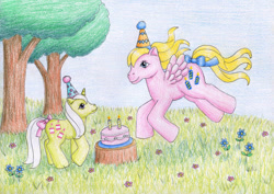 Size: 1062x752 | Tagged: safe, artist:normaleeinsane, baby frosting, pony, g1, baby, baby pony, best wishes (g1), birthday cake, cake, cute, diawishes, duo, female, filly, flower, foal, food, frostabetes, hat, party hat, tree, tree stump