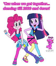 Size: 1024x1200 | Tagged: safe, artist:stella-exquisa, pinkie pie, twilight sparkle, human, equestria girls, g4, alternate clothes, dancing, duo, female, lesbian, ship:twinkie, shipping, text