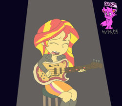 Size: 1024x899 | Tagged: safe, artist:stella-exquisa, sunset shimmer, human, equestria girls, g4, dark background, eyes closed, guitar, musical instrument, playing instrument, singing, solo, spotlight, stool