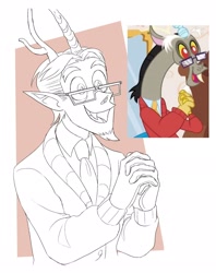 Size: 1626x2048 | Tagged: safe, artist:misskali, discord, human, discordant harmony, g4, clasped hands, clothes, elf ears, glasses, horn, horned humanization, humanized, male, monochrome, necktie, open mouth, open smile, scene interpretation, screencap reference, smiling, solo, sweater