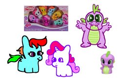 Size: 1316x900 | Tagged: safe, artist:msponies, applejack, bumblesweet, cheerilee, daisy dreams, minty (g4), moondancer, rainbow dash, spike, sweetie belle, dragon, pegasus, pony, unicorn, g4, chibi, fangs, februpony, female, male, merchandise, ms paint, playskool, screencap reference, smiling, toy, toy interpretation