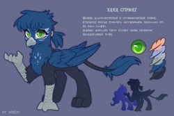 Size: 3000x2000 | Tagged: safe, artist:shelti, oc, oc only, griffon, beak, blue background, claws, colored pupils, cyrillic, facial markings, feather, female, high res, leonine tail, paws, ponytail, raised arm, reference sheet, simple background, solo, tail, talons