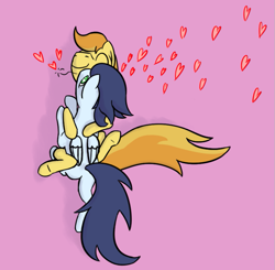 Size: 771x757 | Tagged: safe, artist:librarylonging, braeburn, soarin', earth pony, pegasus, pony, g4, cuddling, duo, gay, heart, hug, kissing, male, simple background, stallion