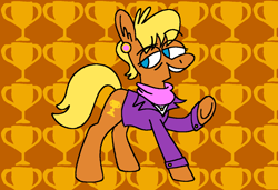Size: 1316x900 | Tagged: safe, artist:msponies, ms. harshwhinny, earth pony, pony, g4, clothes, ear piercing, earring, eyes open, februpony, female, jacket, jewelry, lidded eyes, looking back, mare, ms paint, open mouth, open smile, piercing, raised hoof, scarf, smiling, solo, tail, underhoof