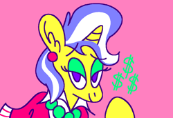 Size: 1316x900 | Tagged: safe, artist:msponies, upper crust, pony, unicorn, g4, clothes, dollar sign, ear fluff, ear piercing, earring, eyes open, female, jewelry, lidded eyes, looking at you, mare, ms paint, necklace, pearl necklace, piercing, pink background, raised hoof, requested art, simple background, solo