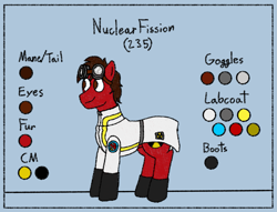 Size: 1605x1225 | Tagged: safe, alternate version, artist:nukepony360, oc, oc only, oc:nuclear fission, pony, boots, clothes, full body, goggles, lab coat, male, reference sheet, shoes, simple background, solo, stallion