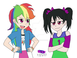 Size: 1024x774 | Tagged: safe, artist:stella-exquisa, rainbow dash, human, equestria girls, g4, alternate design, crossed arms, crossover, duo, hand on hip, humanized, love live!, love live! school idol project, nico yazawa, simple background, white background