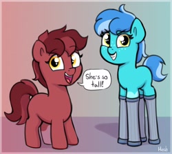 Size: 2492x2224 | Tagged: safe, artist:heretichesh, oc, oc only, oc:raspberry toffy, oc:saltwater toffy, earth pony, pony, cute, duo, female, filfil, filly, foal, freckles, grin, high res, looking at you, ocbetes, open mouth, open smile, smiling, smiling at you, smirk, speech bubble, stilts