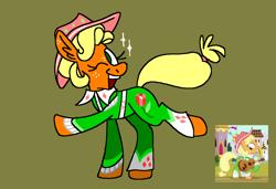 Size: 1316x900 | Tagged: safe, artist:msponies, applejack, earth pony, pony, g4, sparkle's seven, apple chord, clothes, extended trot pose, februpony, female, freckles, green background, guitar, hat, mare, ms paint, musical instrument, one eye closed, outfit, raised hoof, raised leg, screencap reference, simple background, solo, sparkles, tail, wink