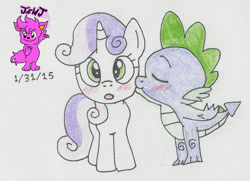 Size: 1024x740 | Tagged: safe, artist:stella-exquisa, spike, sweetie belle, dragon, pony, unicorn, g4, blushing, cheek kiss, duo, female, kissing, male, ship:spikebelle, shipping, simple background, straight, surprise kiss, traditional art, white background