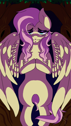 Size: 1080x1920 | Tagged: safe, artist:silvana, fluttershy, pegasus, pony, g4, hair over one eye, lighting, night, pink mane, smiling, tree, wings